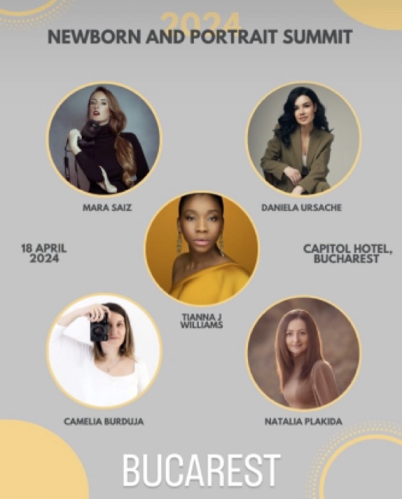 Cartel del Newborn and Portrait Summit 2024 en Bucarest, con Mara Saiz entre las ponentes